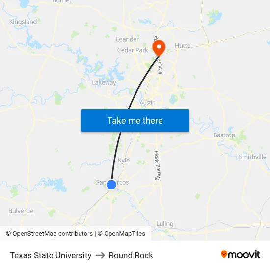 Texas State University to Round Rock map