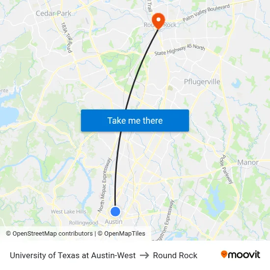 University of Texas at Austin-West to Round Rock map