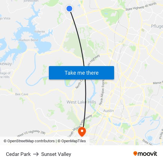 Cedar Park to Sunset Valley map