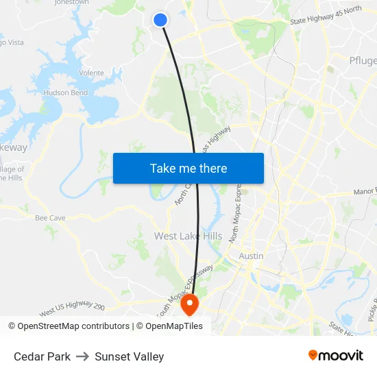 Cedar Park to Sunset Valley map
