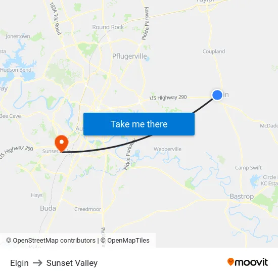Elgin to Sunset Valley map