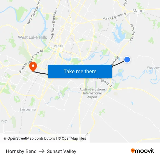 Hornsby Bend to Sunset Valley map