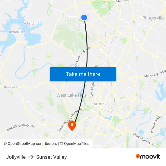 Jollyville to Sunset Valley map