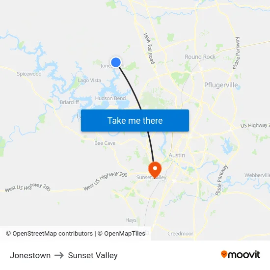 Jonestown to Sunset Valley map