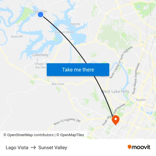 Lago Vista to Sunset Valley map