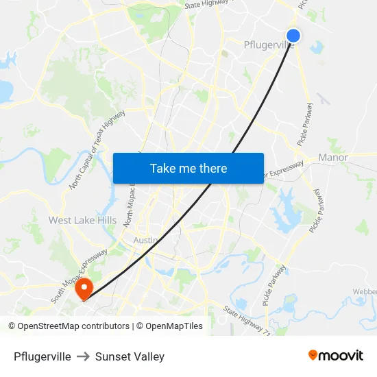 Pflugerville to Sunset Valley map