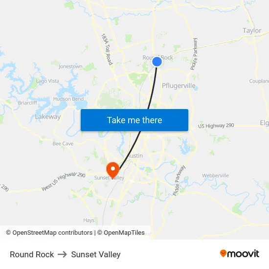 Round Rock to Sunset Valley map