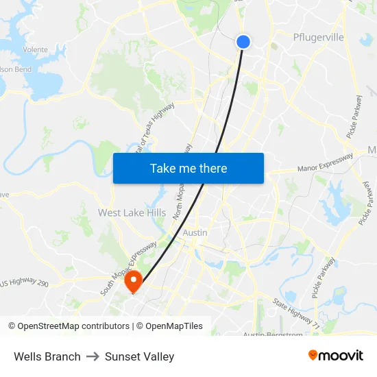 Wells Branch to Sunset Valley map