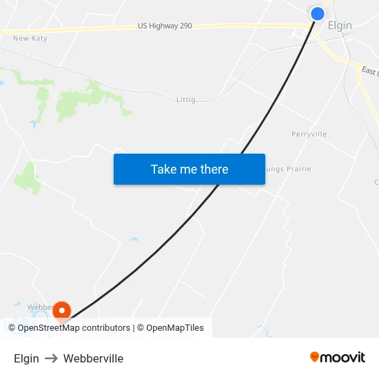 Elgin to Webberville map