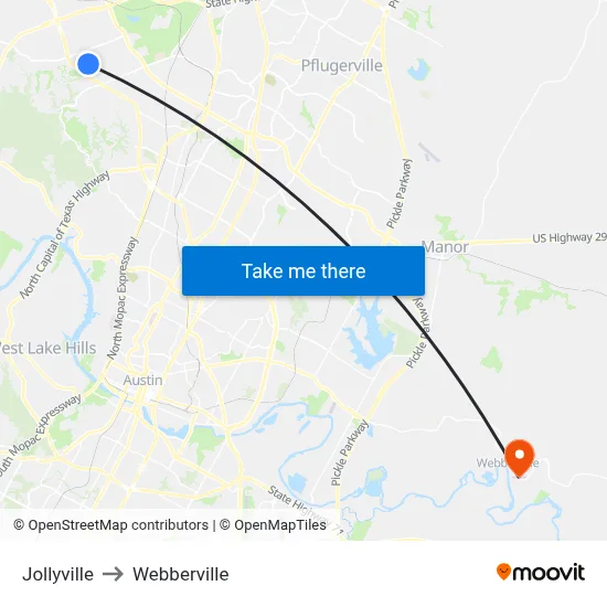 Jollyville to Webberville map