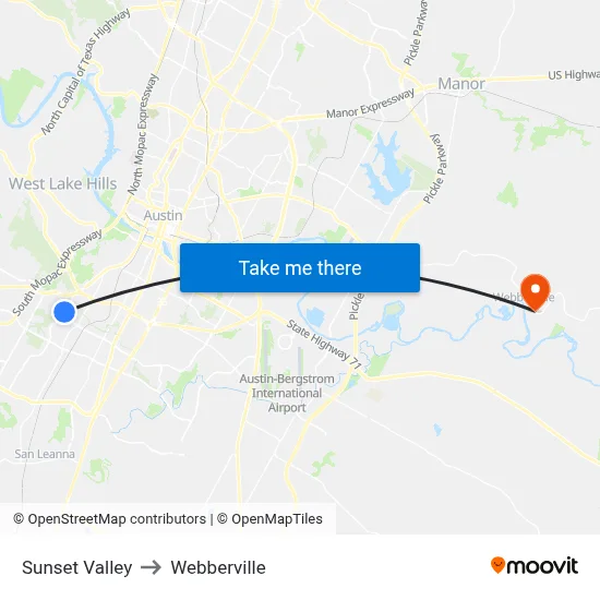 Sunset Valley to Webberville map