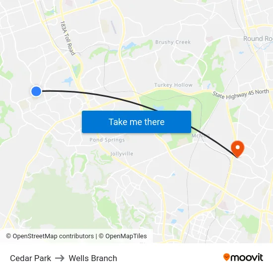 Cedar Park to Wells Branch map