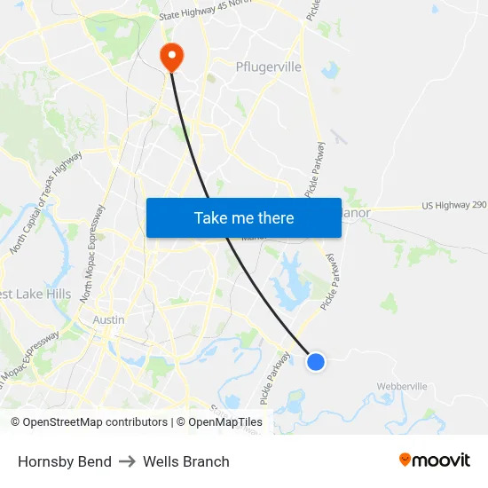 Hornsby Bend to Wells Branch map