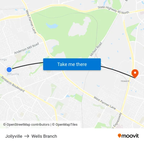 Jollyville to Wells Branch map