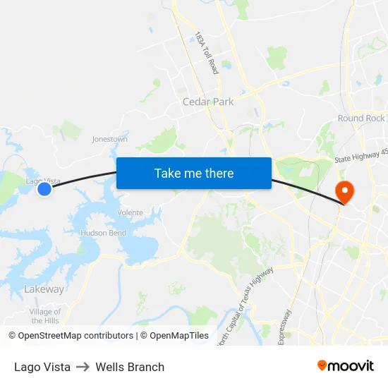 Lago Vista to Wells Branch map