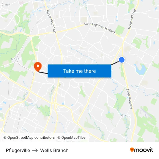 Pflugerville to Wells Branch map
