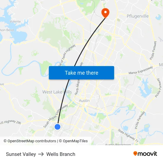 Sunset Valley to Wells Branch map