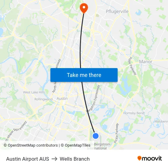 Austin Airport AUS to Wells Branch map