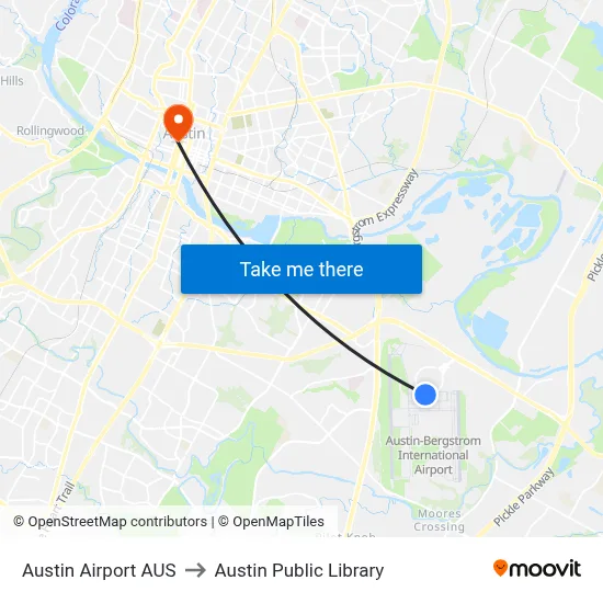 Austin Airport AUS to Austin Public Library map