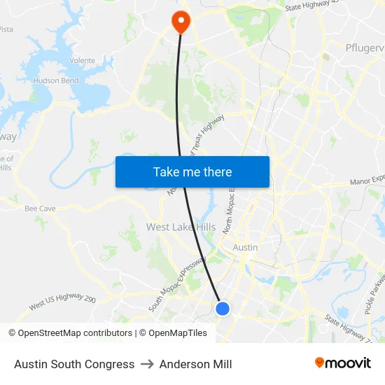 Austin South Congress to Anderson Mill map