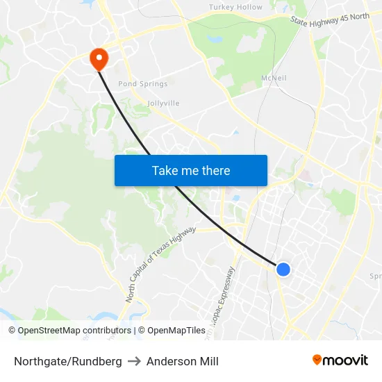 Northgate/Rundberg to Anderson Mill map