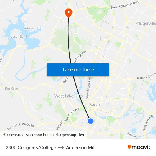 2300 Congress/College to Anderson Mill map