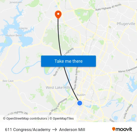 611 Congress/Academy to Anderson Mill map