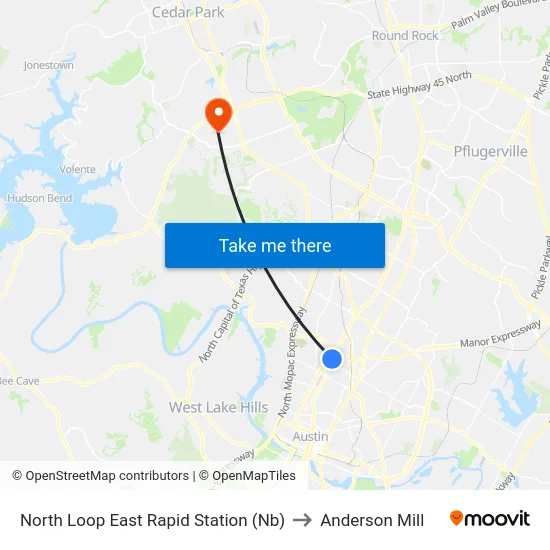 North Loop East Rapid Station (Nb) to Anderson Mill map