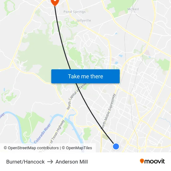 Burnet/Hancock to Anderson Mill map