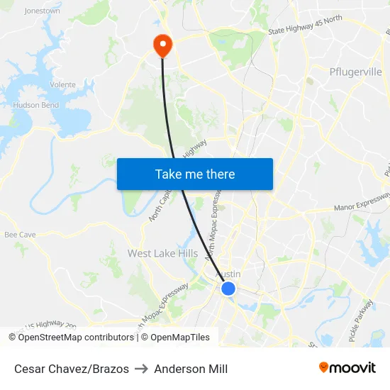 Cesar Chavez/Brazos to Anderson Mill map