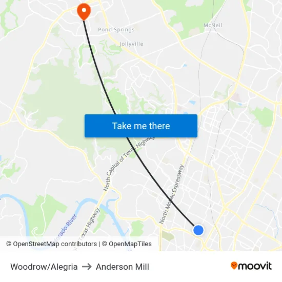 Woodrow/Alegria to Anderson Mill map