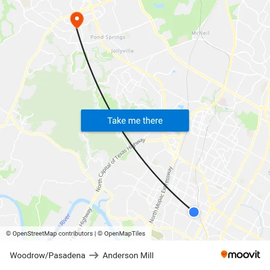Woodrow/Pasadena to Anderson Mill map