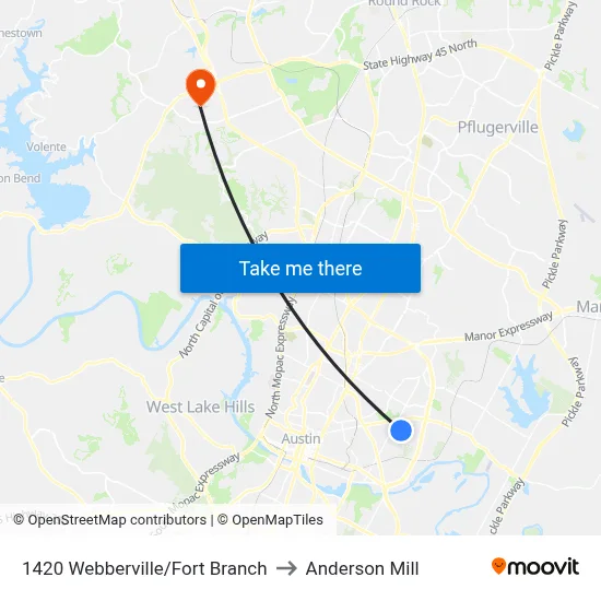 1420 Webberville/Fort Branch to Anderson Mill map