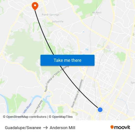 Guadalupe/Swanee to Anderson Mill map