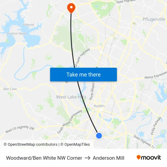 Woodward/Ben White NW Corner to Anderson Mill map