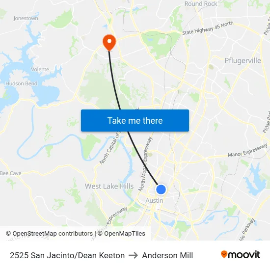 2525 San Jacinto/Dean Keeton to Anderson Mill map