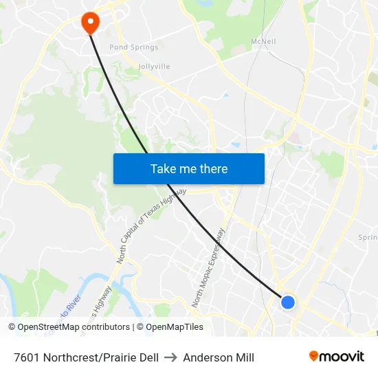 7601 Northcrest/Prairie Dell to Anderson Mill map