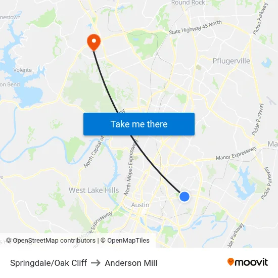 Springdale/Oak Cliff to Anderson Mill map