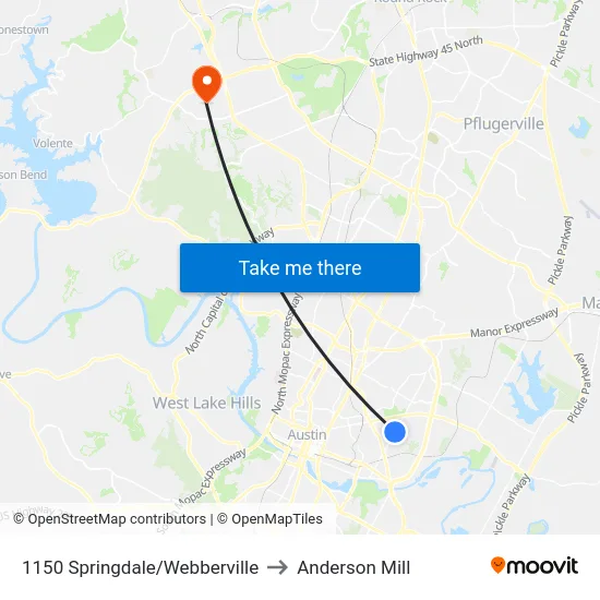 1150 Springdale/Webberville to Anderson Mill map