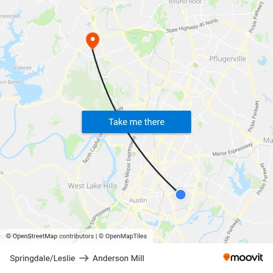 Springdale/Leslie to Anderson Mill map