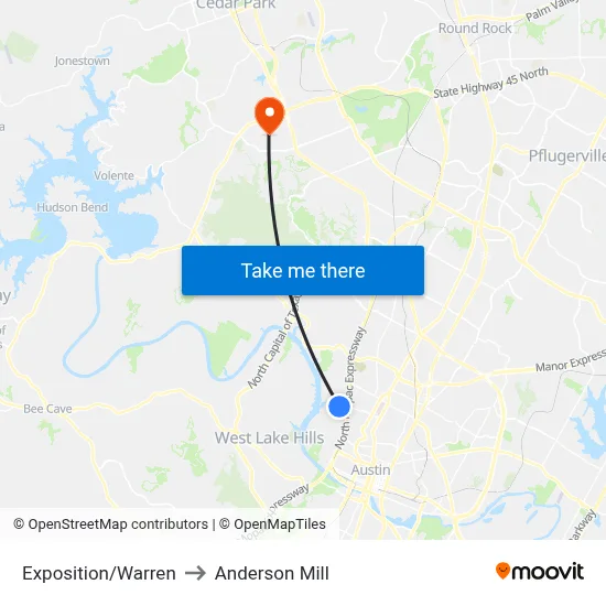 Exposition/Warren to Anderson Mill map