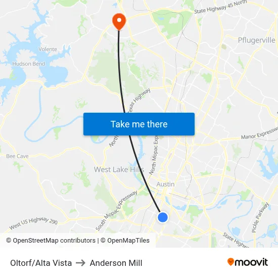 Oltorf/Alta Vista to Anderson Mill map