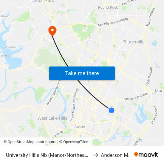 University Hills Nb (Manor/Northeast) to Anderson Mill map
