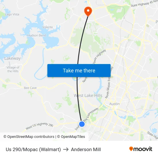 Us 290/Mopac (Walmart) to Anderson Mill map