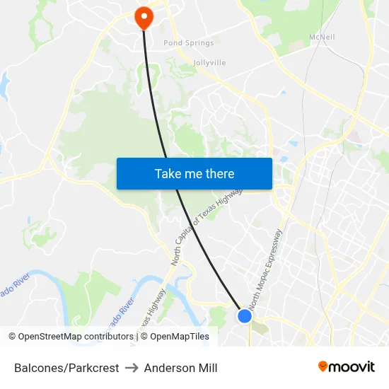 Balcones/Parkcrest to Anderson Mill map