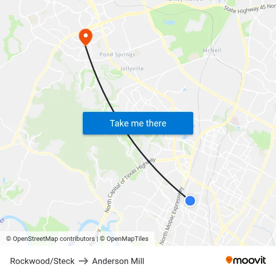 Rockwood/Steck to Anderson Mill map