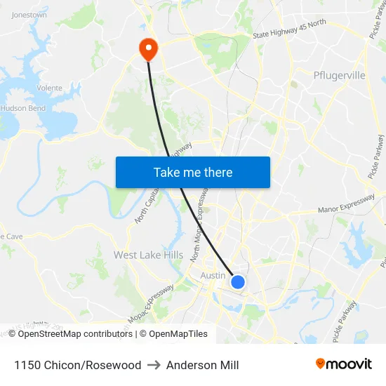 1150 Chicon/Rosewood to Anderson Mill map