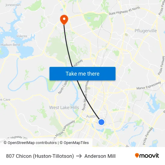 807 Chicon (Huston-Tillotson) to Anderson Mill map
