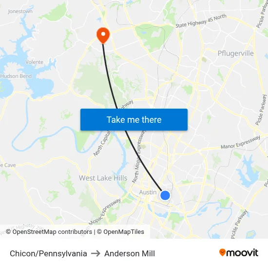 Chicon/Pennsylvania to Anderson Mill map