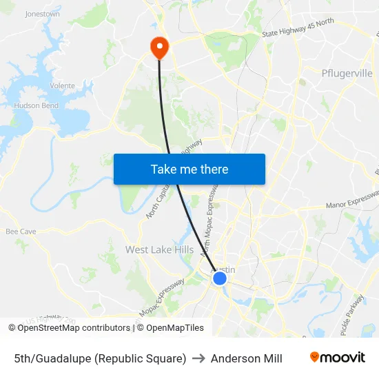 5th/Guadalupe (Republic Square) to Anderson Mill map